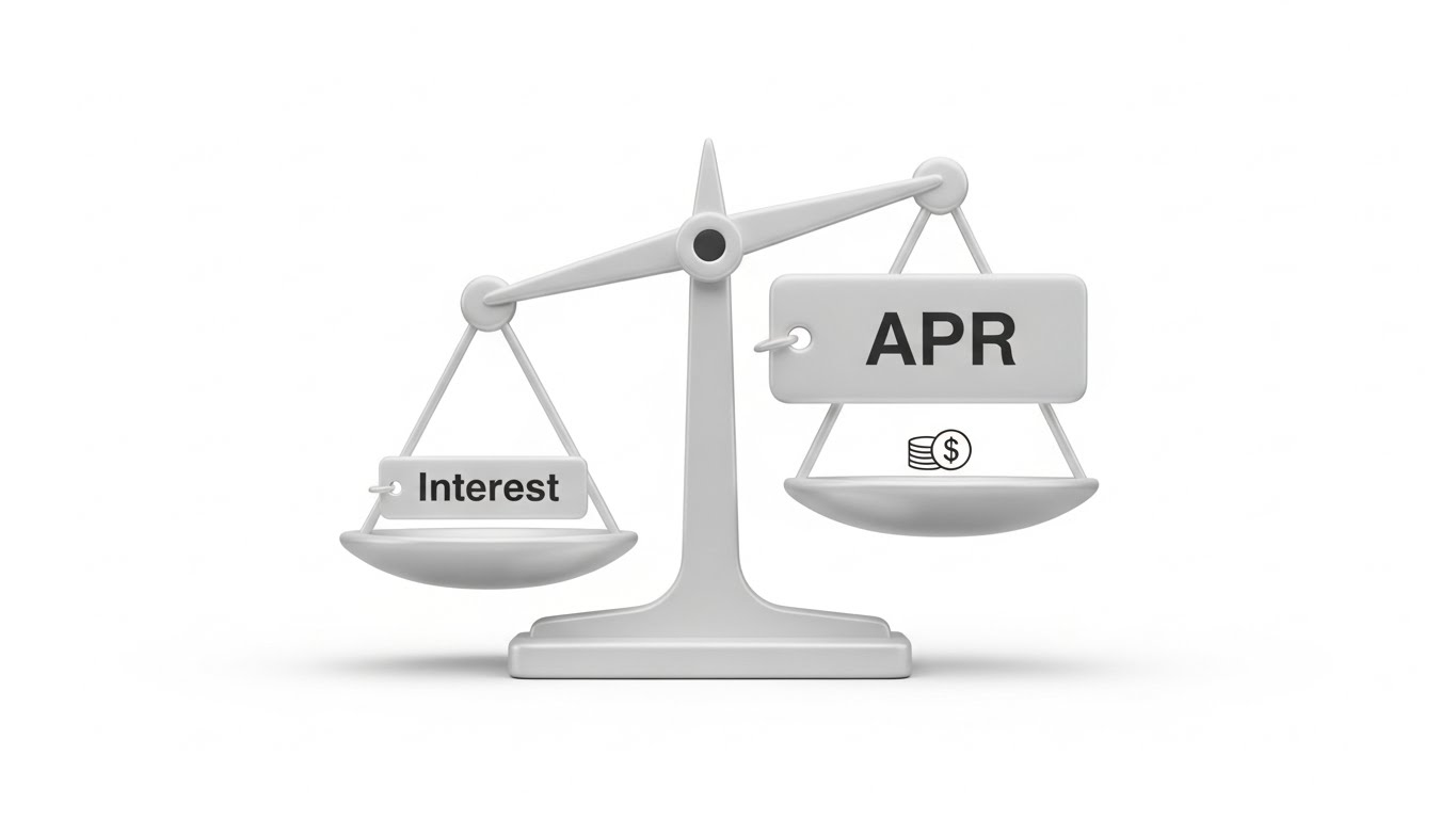 3D illustration comparing interest rate and APR on a balance scale